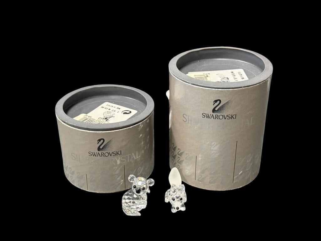SWAROVSKI CRYSTAL MINI KOALA 7673NR030 AND MINI RUNNING FOX 7677NR055: IN MINT CONDITION WITH ORIGINAL STORAGE TUBES, NO DAMAGE OR REPAIRS 1 3/8" AND 2" L
