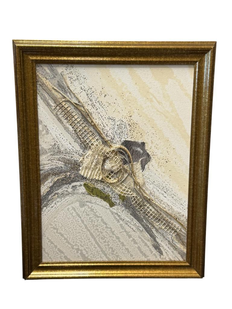 PATRICK MCNURNEY MIXED MEDIA ORIGINAL PAINTING ON CANVAS ABSTRACT: MIXED MEDIA ABSTRACT ART ON CANVAS, FEATURES LARGE BRUSH STROKES, GOLD AND SILVER THREAD, SILVER GLITTER, SIGNED LOWER RIGHT, FRAMED 15" X 19" FRAME