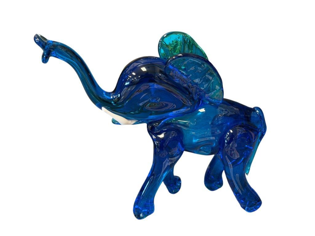 HAND BLOWN ART GLASS ELEPHANT SCULPTURE WITH WHITE TUSKS: NO CHIPS 8 3/4" L, 7 7/8" H