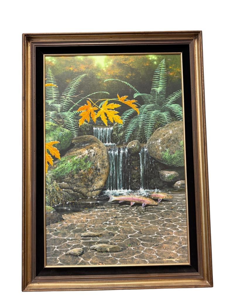 STAN STOKES PHOTOREALISTIC AND HISTORICAL ARTIST ORIGINAL OIL ON CANVAS PAINTING: STAN STOKES (B. 1950) IS AN AWARD WINNING AMERICAN ARTIST KNOWN FOR HIS AVIATION PAINTINGS, STOKES, ART DEPICTS A CASCADING FOREST STREAM WITH SALMON SWIMMING BELOW WITH FERNS AND MOSSY ROCKS,