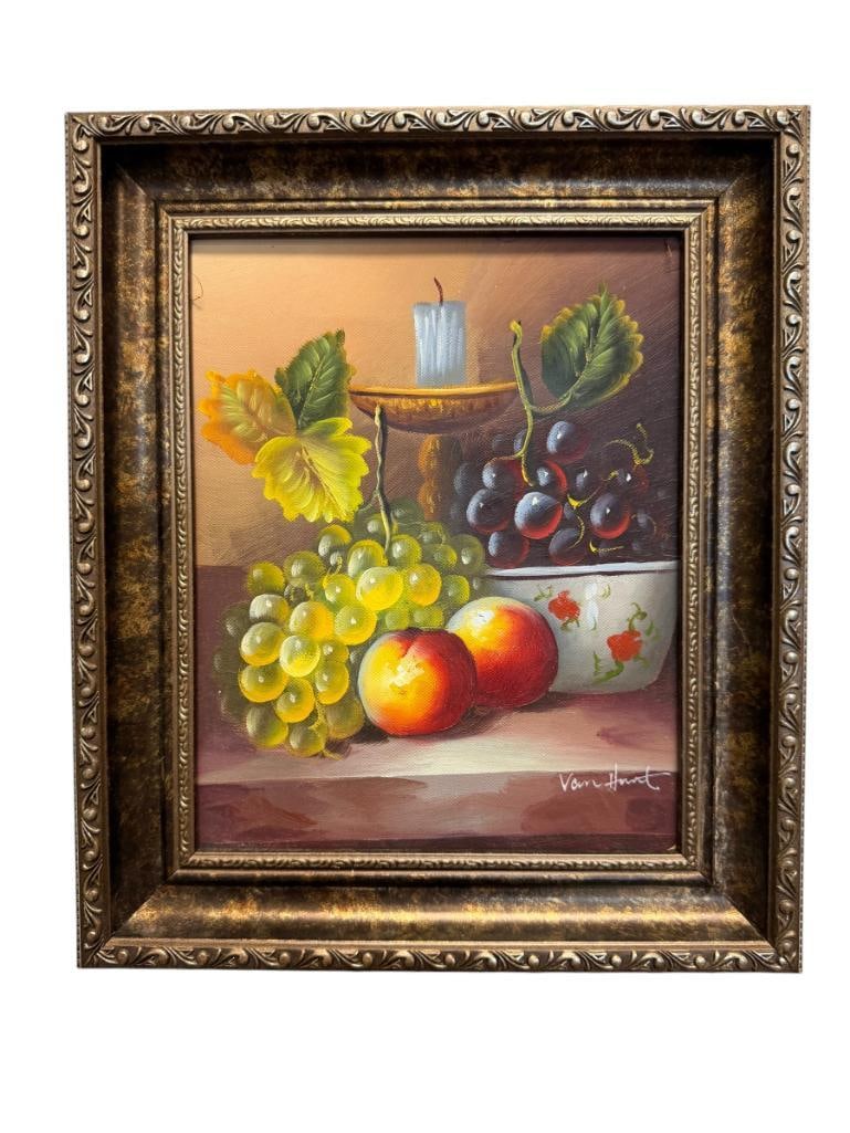 VAN HARRT SIGNED ORIGINAL PAINTING ON CANVAS FRUIT STILL-LIFE: ART DEPICTS STILL-LIFE OF FRUITS SET ON A TABLE WITH GRAPES AND PEACHES AND CANDLE HOLDER, SINGED LOWER RIGHT, FRAMED 11 1/2" X 13 1/2" FRAME