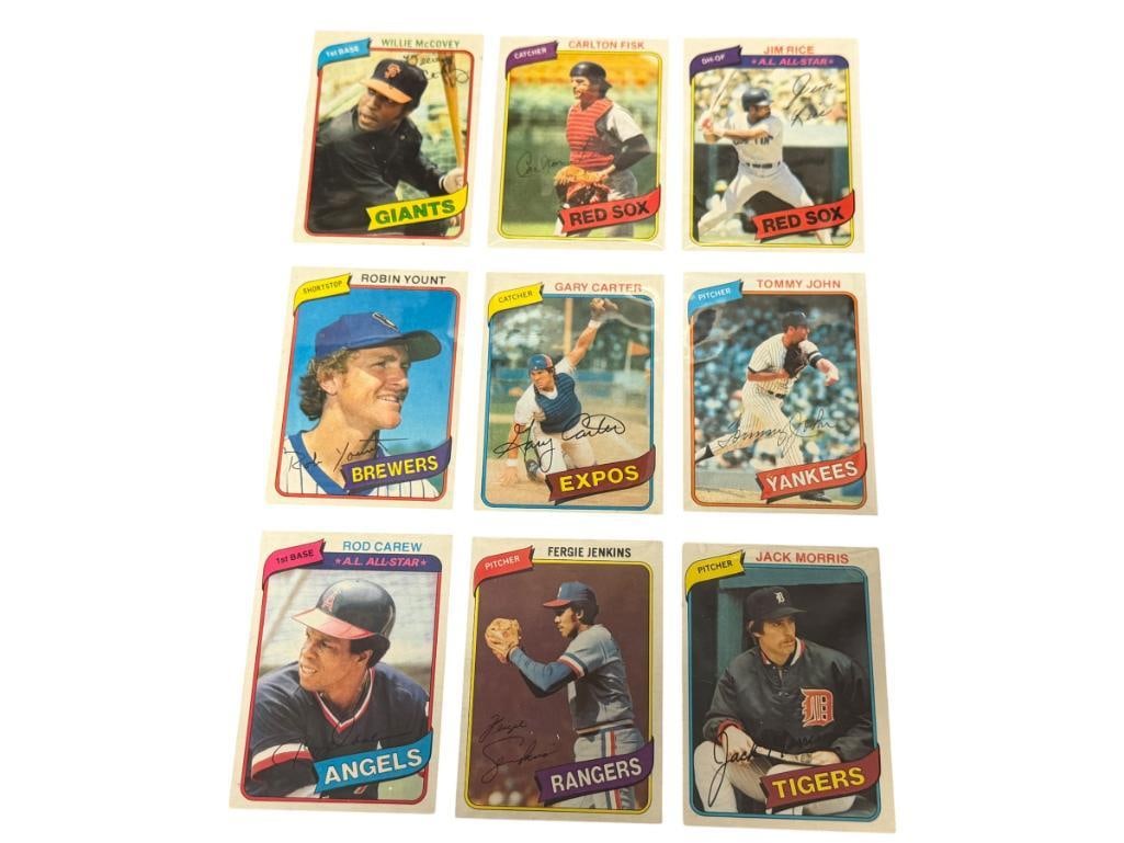 1980 TOPPS BASEBALL CARDS HALL OF FAMERS WILLIE MCCOVEY, GARY CARTER, ROD CAREW, ROBIN YOUNT: CARLTON FISK, JIM RICE, TOMMY JOHN, FERGIE JENKINS, JACK MORRIS, SEE PHOTOS FOR CONDITION