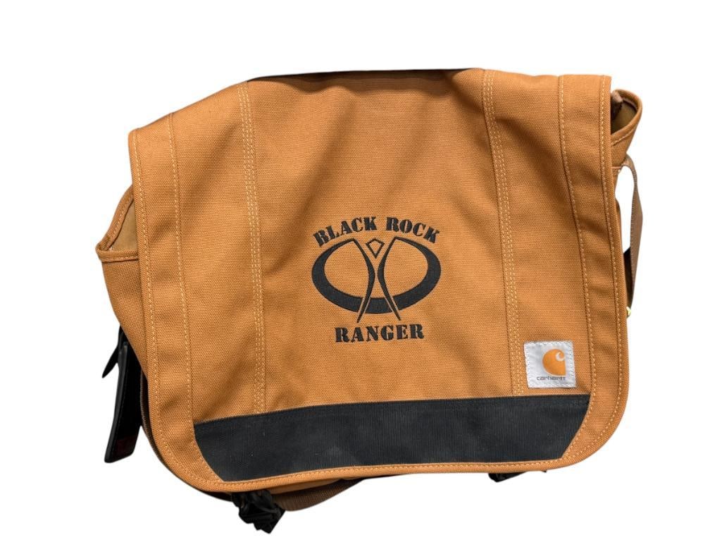 BLAK ROCK RANGER CARHARTT CANVAS BAG DAY PACK: IN LIKE-NEW CONDITION, BROWN AND BLACK WITH EMBROIDERED LETTERING 15" X 12"