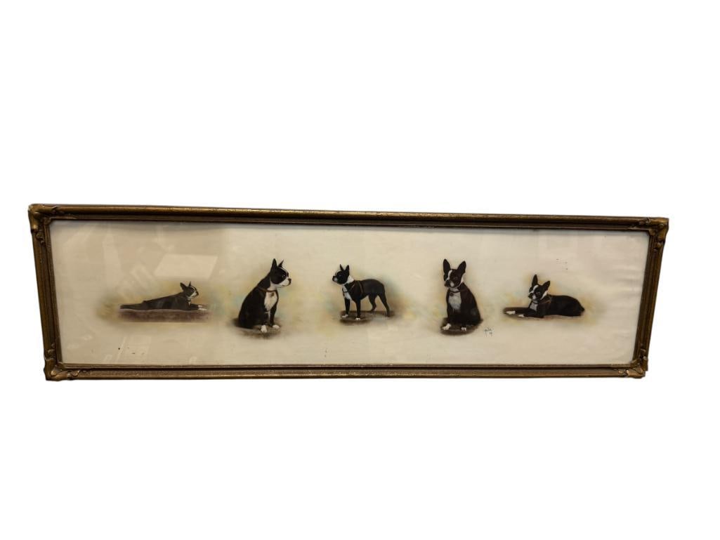 VINTAGE HAND COLORED HORIZONTAL PHOTOGRAPH FEATURES FIVE SEQUENTIAL ILLUSTRATIONS OF A TERRIER: PHOTOGRAPH SHOWS FIVE POSES OF A BLACK AND WHITE BOSTON TERRIER, SIGNED AUSTIN LOWER RIGHT, IN GILT WOOD FRAME 39 1/2" X 11" FRAME