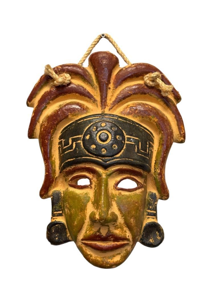 HAND CRAFTED TERRACOTTA WALL MASK IN MESOAMERICAN STYLE RESEMBLING AZTEC / MAYAN WARRIOR: FEATURES ORNAMENTAL HEADPIECE WITH ROPE HANGER 10" X 13"