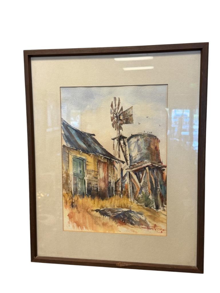 SIGNED ORIGINAL WESTERN WATERCOLOR ON PAPER PAINTING: ART DEPICTS WATER TOWER AND WINDMILL NEAR OLD RANCH HOME, SIGNED LOWER RIGHT, FRAMED 16 3/4" X 20 3/4" FRAME