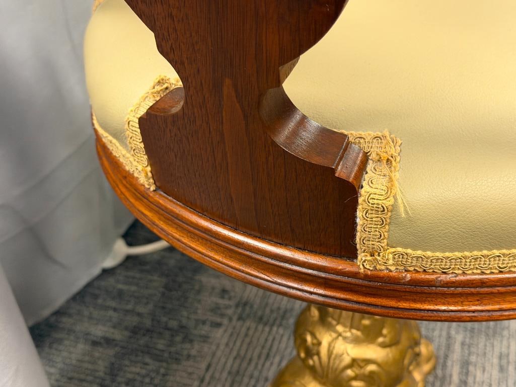 ANTIQUE REVOLVING MUSIC / HARPIST CHAIR WITH HEAVY GOLD PAINTED CAST IRON BASE - 10