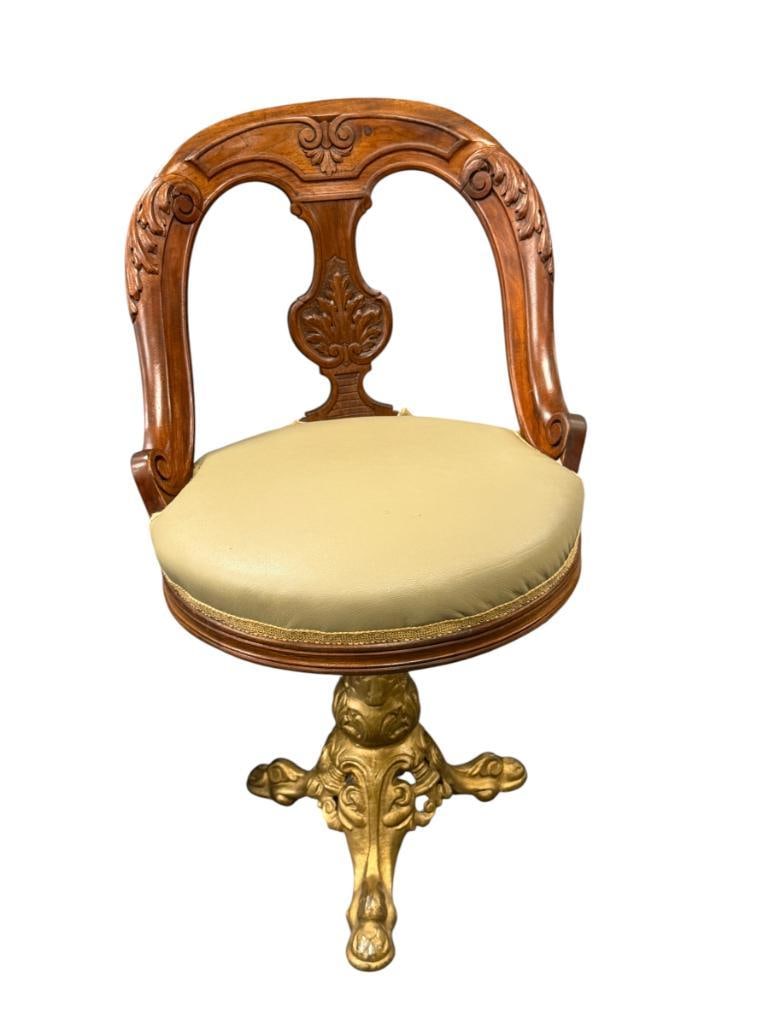 ANTIQUE REVOLVING MUSIC / HARPIST CHAIR WITH HEAVY GOLD PAINTED CAST IRON BASE (1 of 10)