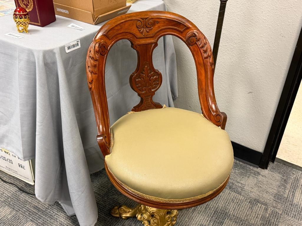 ANTIQUE REVOLVING MUSIC / HARPIST CHAIR WITH HEAVY GOLD PAINTED CAST IRON BASE - 2