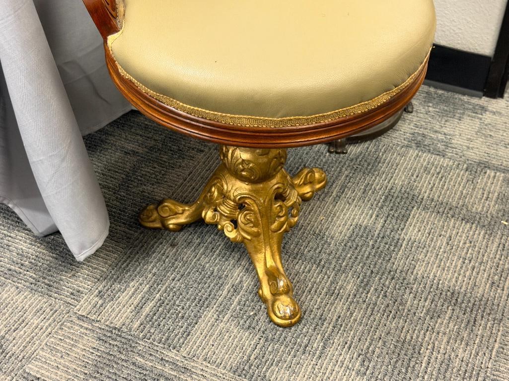 ANTIQUE REVOLVING MUSIC / HARPIST CHAIR WITH HEAVY GOLD PAINTED CAST IRON BASE - 3