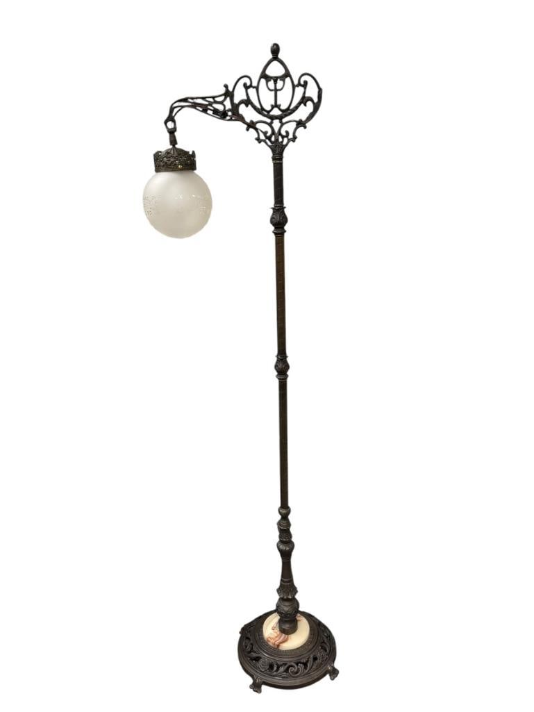 ANTIQUE BRASS AND CAST IRON BRIDGE LAMP WITH ETCHED FROSTED GLASS GLOBE (1 of 12)