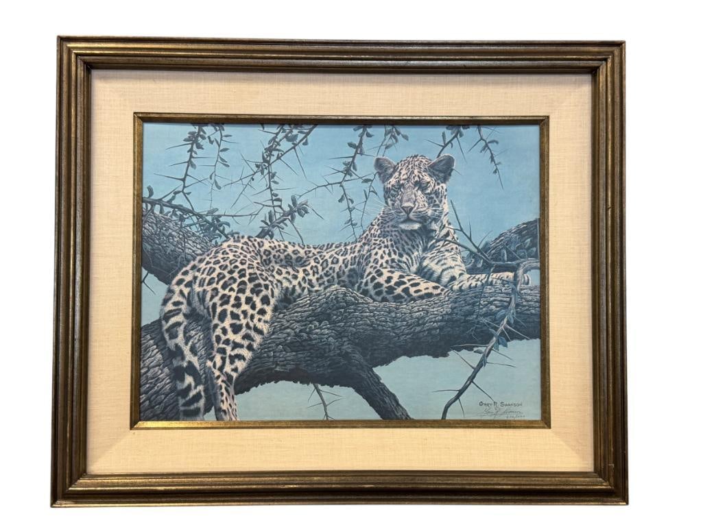 GARY DAWSON WILDLIFE ARTIST LIMITED EDITION PRINT ON BOARD CHEETAH NO. 272/1000: ART DEPICTS CHEETAH LYING ON A TREE, SIGNED LOWER RIGHT, FRAMED 33" X 26 1/2" FRAME 