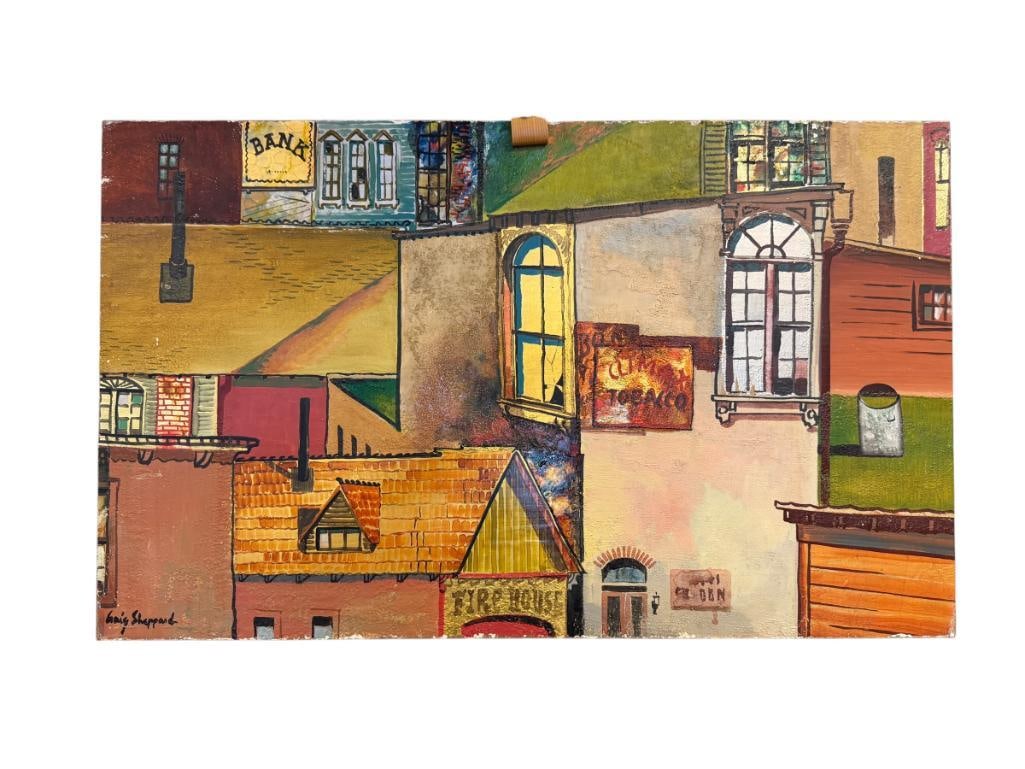 CRAIG SHEPPARD OKLAHOMA-BORN NEVADA ARTIST ORIGINAL OIL ON BOARD MIXED MEDIA PAINTING 49ERS LEGACY: CRAIG SHEPPARD (1913-1978) WAS AN ARTIST AN EDUCATOR FOR UNIVERSITY OF NEVADA, KNOWN FOR HIS WESTERN OIL AND WATERCOLOR PAINTINGS, ART DEPICTS BUILDING ROOFTOPS FEATURES A FIRE HOUSE, BANK, CLIMAX TOB