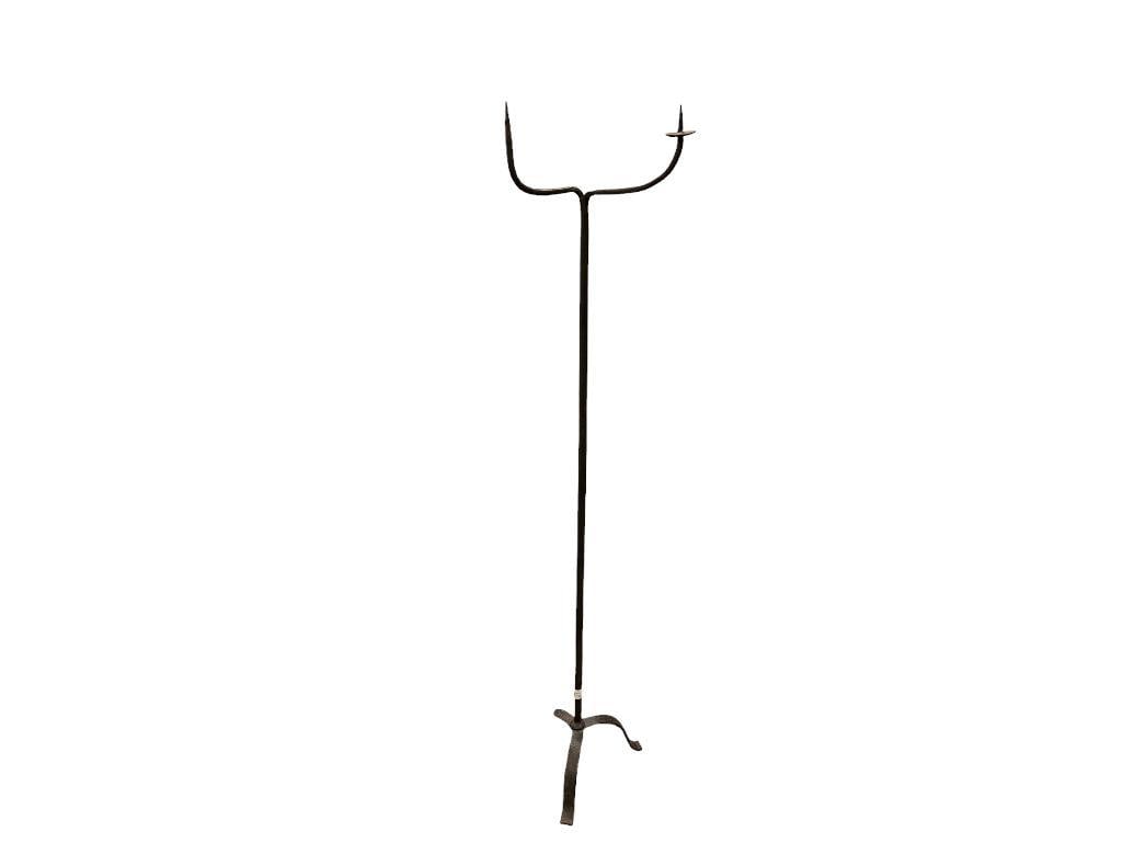 19TH CENTURY HAND FORGED IRON FRENCH FLOOR CANDLEHOLDER: THREE FOOTED WITH SLENDER SHAFT, TWO ARM CANDLE HOLDER, MISSING ONE BOBECHE 55" H 