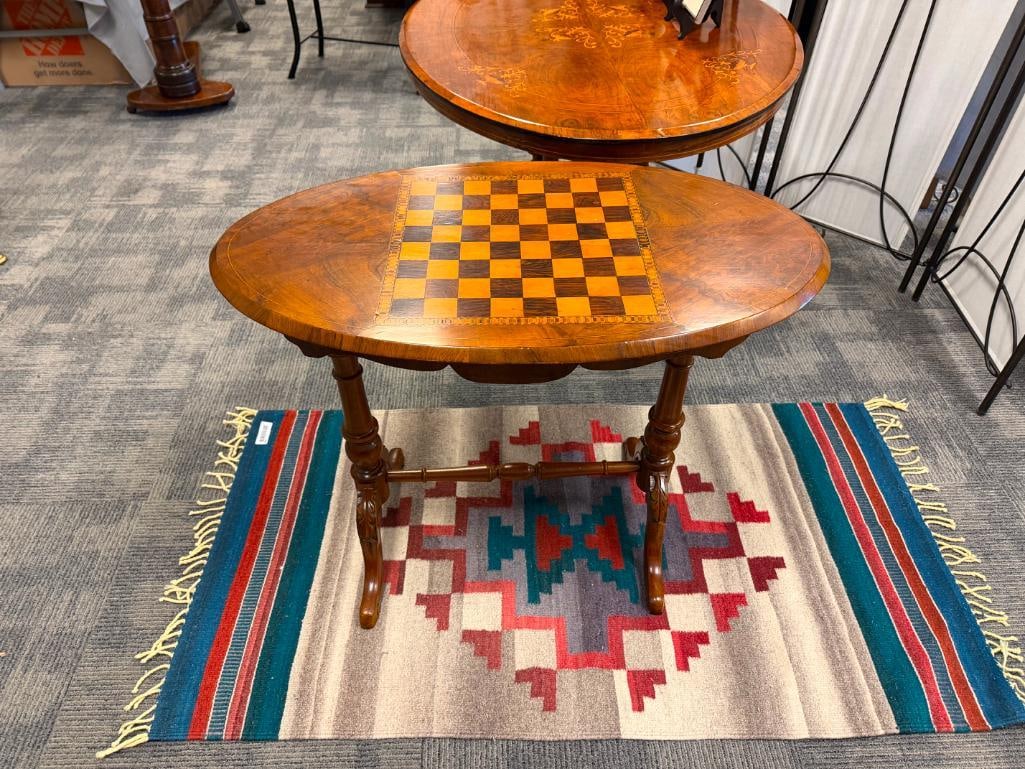 VINTAGE OVAL WOODEN CHESS / GAME TABLE WITH DISTINCT INLAID CHESSBOARD TOP - 2