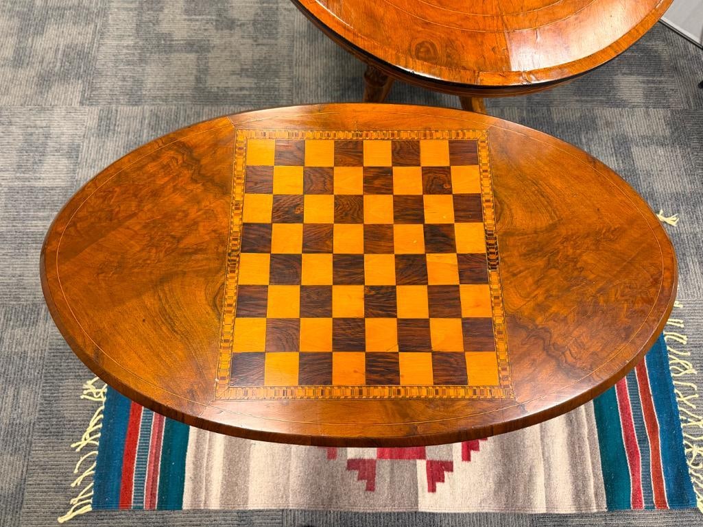 VINTAGE OVAL WOODEN CHESS / GAME TABLE WITH DISTINCT INLAID CHESSBOARD TOP - 3