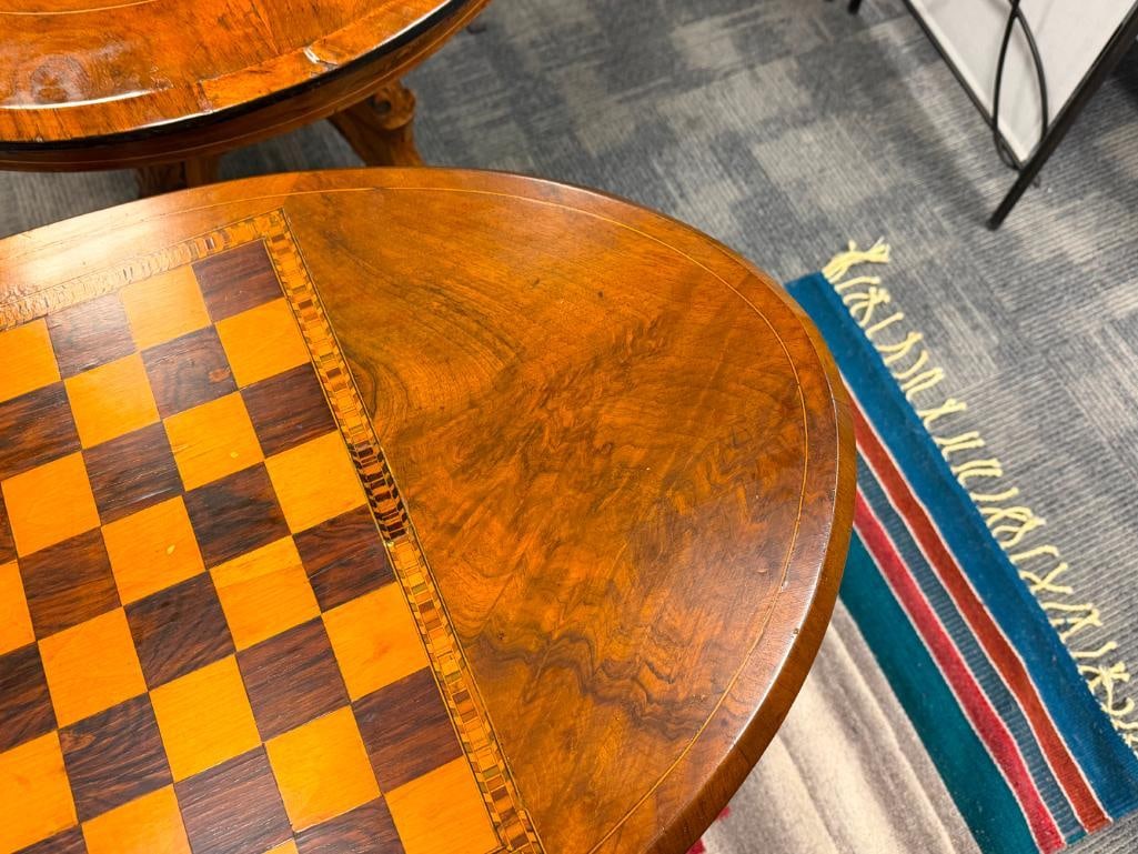 VINTAGE OVAL WOODEN CHESS / GAME TABLE WITH DISTINCT INLAID CHESSBOARD TOP - 4