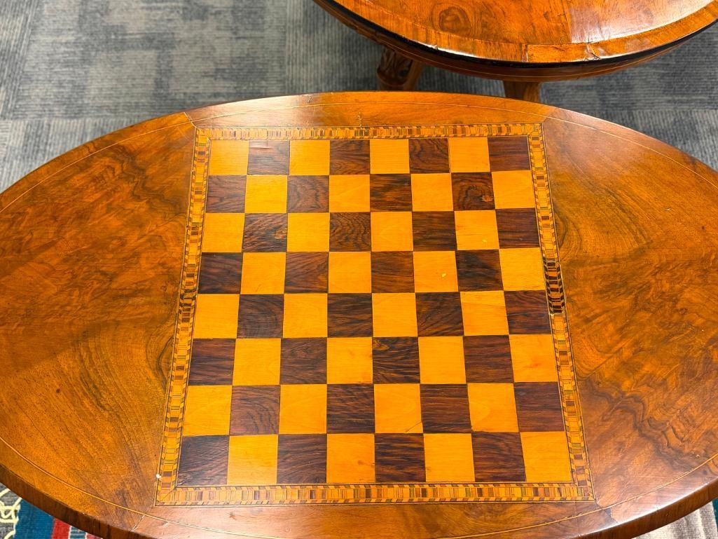 VINTAGE OVAL WOODEN CHESS / GAME TABLE WITH DISTINCT INLAID CHESSBOARD TOP - 5