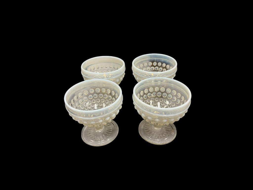 ANCHOR HOCKING MOONSTONE OPALESCENT HOBNAIL SHERBERT GLASSES SET OF FOUR: NO CHIPS OR CRACKS 3 3/8" H
