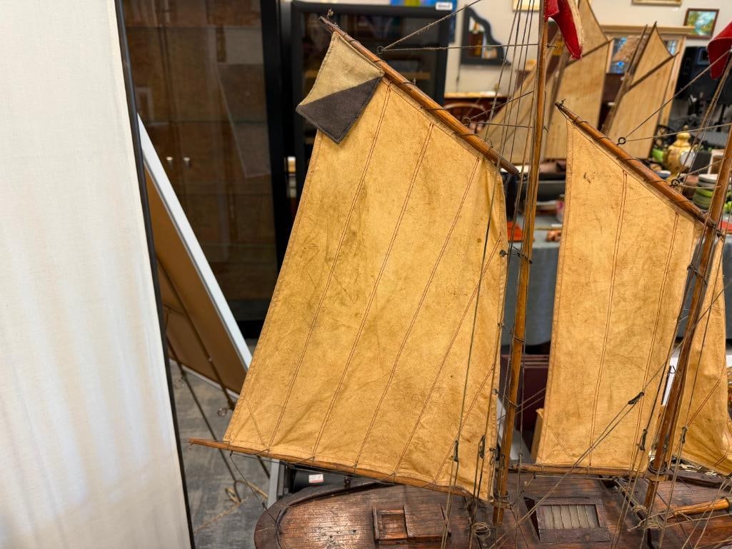 ANTIQUE HAND CRAFTED 5-SAIL SAILBOAT / POND BOAT OAK CONSTRUCTION WITH DETAILED RIGGING - 12