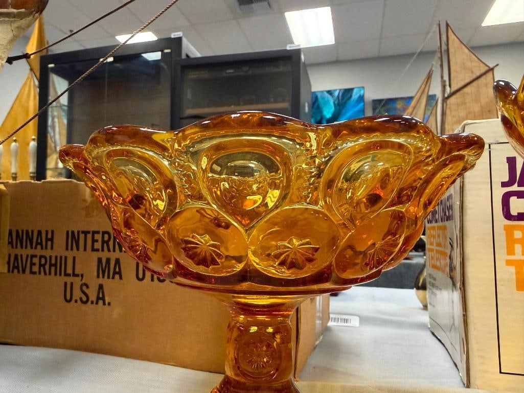 VINTAGE AMBER GLASS MOON AND STARS PEDESTAL COMPOTES BY L.E. SMITH GLASS CO. - 10