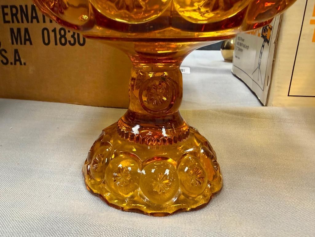 VINTAGE AMBER GLASS MOON AND STARS PEDESTAL COMPOTES BY L.E. SMITH GLASS CO. - 11