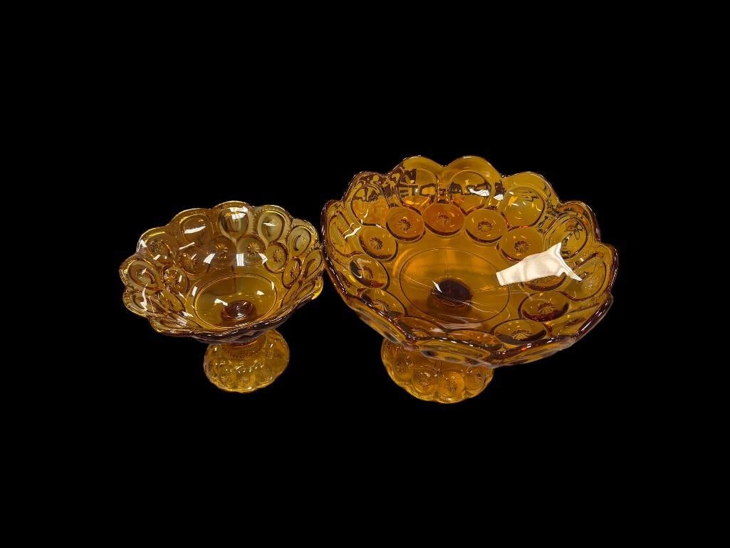 VINTAGE AMBER GLASS MOON AND STARS PEDESTAL COMPOTES BY L.E. SMITH GLASS CO.: FOOTED MOON AND STARS COMPOTES, NO CHIPS OR CRACKS 7 3/4" AND 10 1/2" ROUND