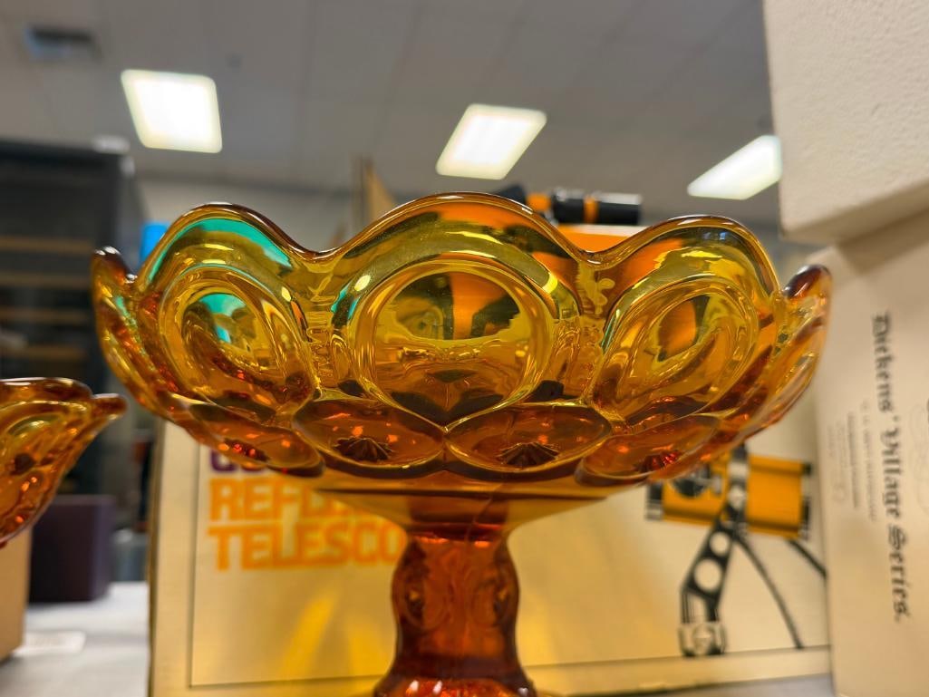 VINTAGE AMBER GLASS MOON AND STARS PEDESTAL COMPOTES BY L.E. SMITH GLASS CO. - 6