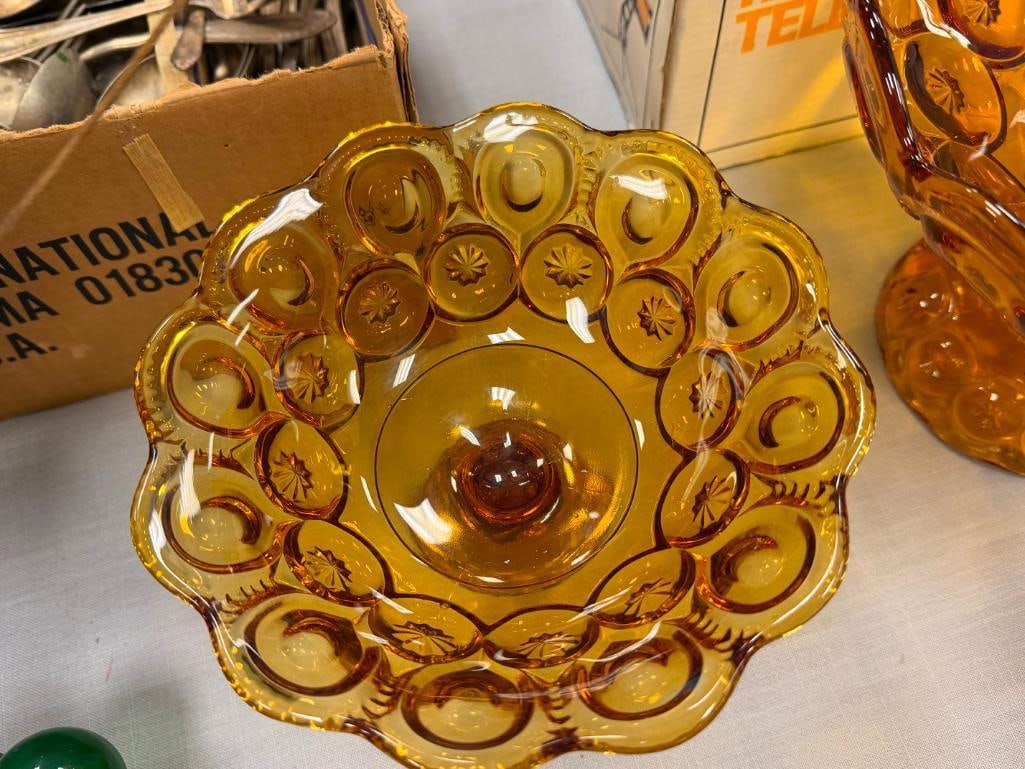 VINTAGE AMBER GLASS MOON AND STARS PEDESTAL COMPOTES BY L.E. SMITH GLASS CO. - 8