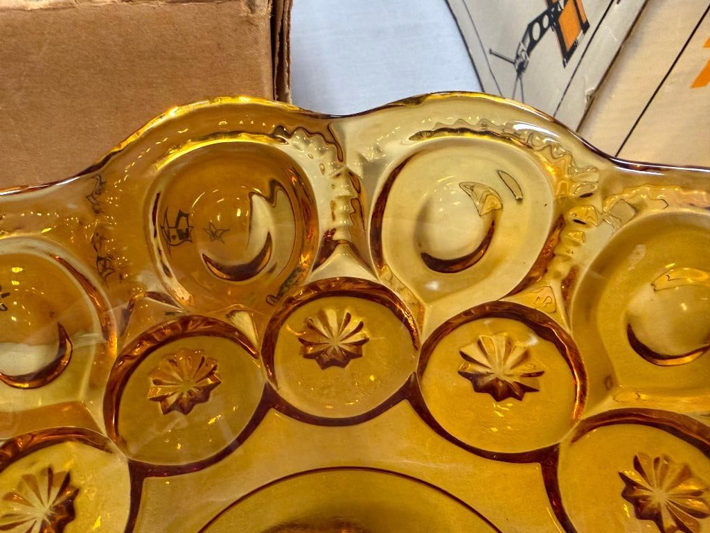 VINTAGE AMBER GLASS MOON AND STARS PEDESTAL COMPOTES BY L.E. SMITH GLASS CO. - 9