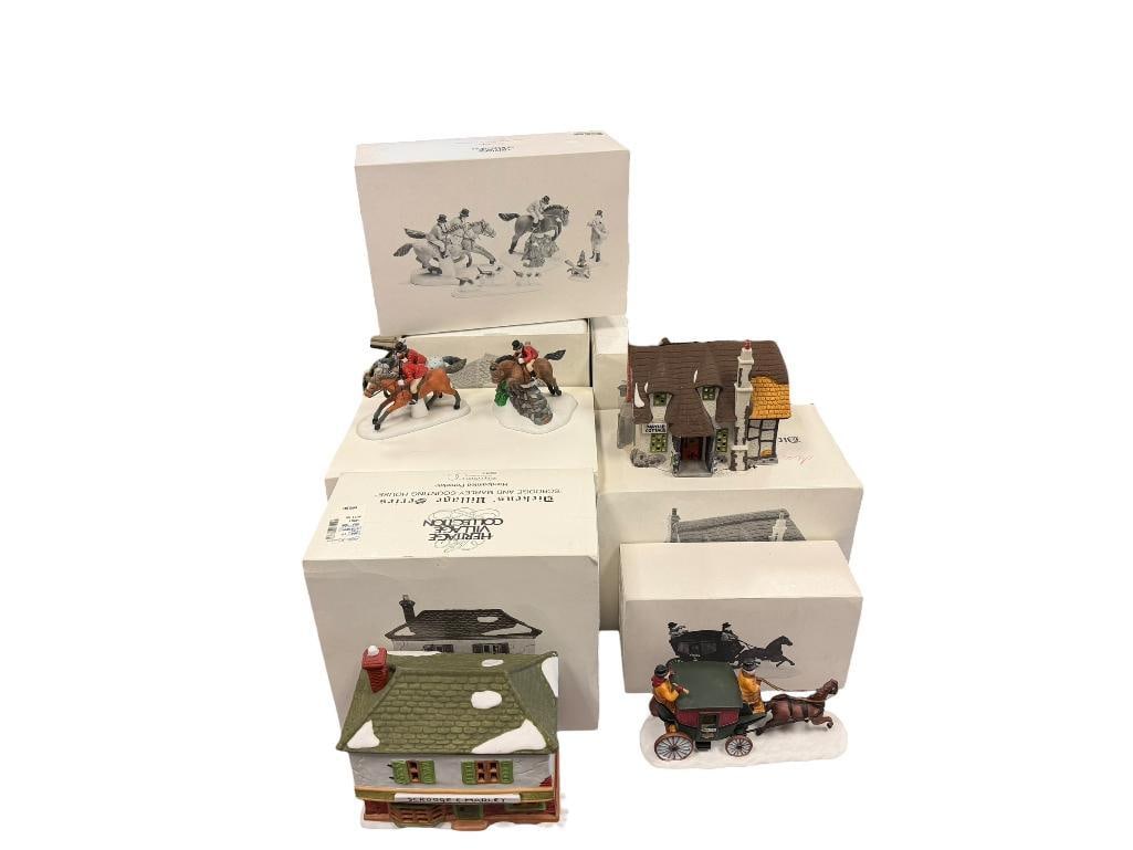 DICKENS VILLAGE HOLIDAY PORCELAIN ILLUMINATING BUILDINGS AND ACCESSORIES: FIVE BUILDINGS WITH ACCESSORIES INCLUDES MAYLIE COTTAGE, SCROOGE & MARLEY HOUSE, LOMAS LTD. MOLASSES, DOVER COACH, ETC. ALL IN ORIGINAL BOX