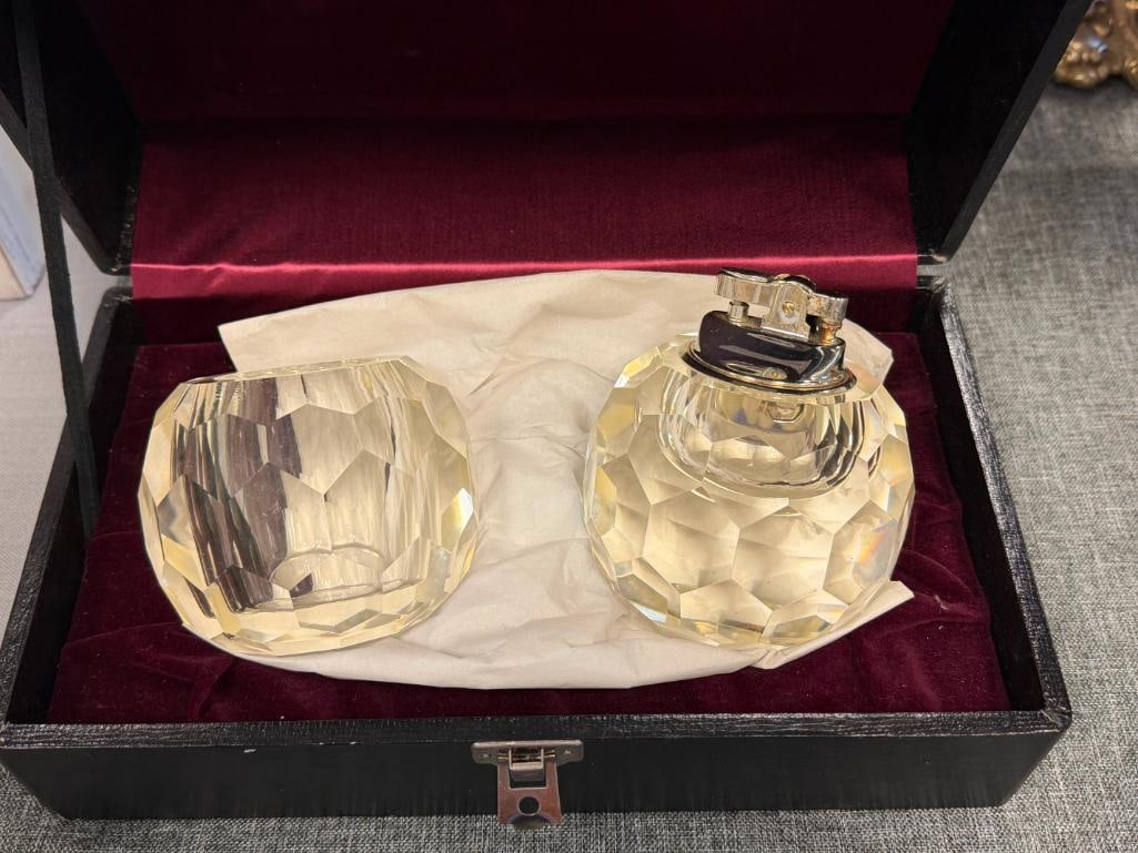 VINTAGE FACETED CRYSTAL TABLE LIGHTER AND MATCH HOLDER - 10