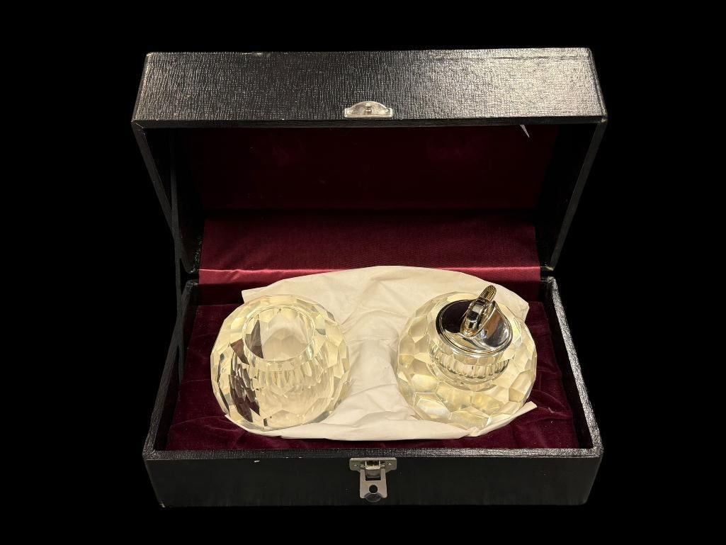 VINTAGE FACETED CRYSTAL TABLE LIGHTER AND MATCH HOLDER: INCLUDES ORIGINAL STORAGE BOX, NO CHIPS 3" H