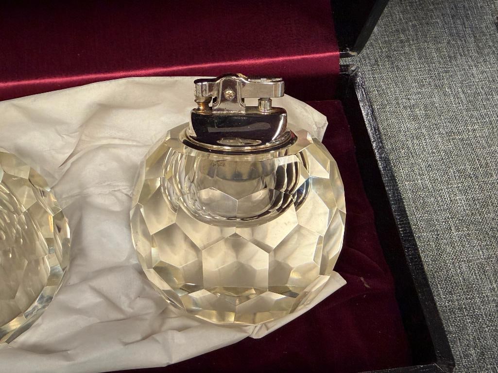 VINTAGE FACETED CRYSTAL TABLE LIGHTER AND MATCH HOLDER - 6