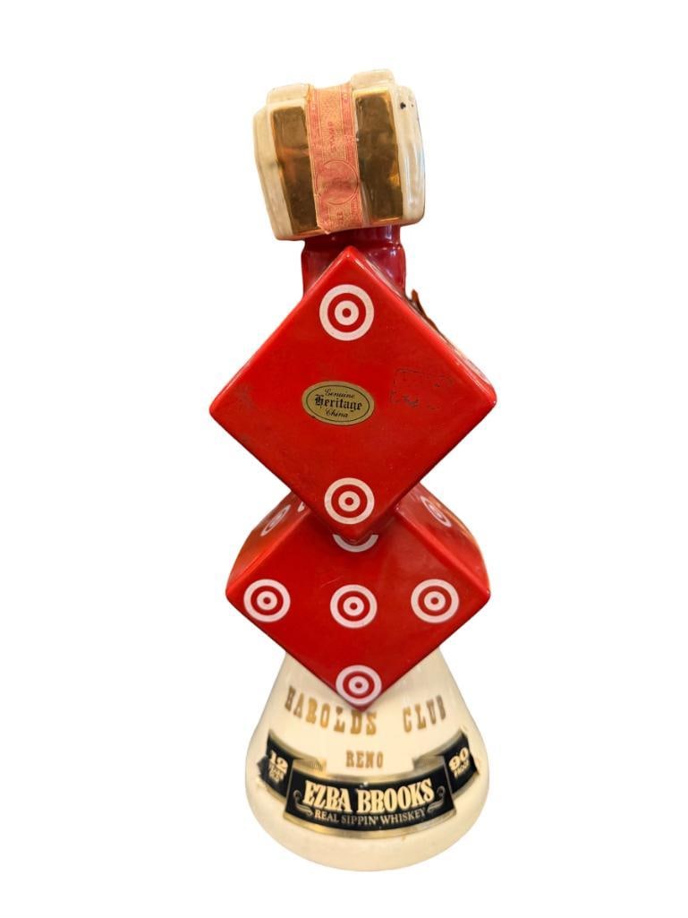 EZRA BROOKS HAROLDS CLUB RENO, NV STACKED DICE DECANTER: INCLUDES TOP BUT CORK IS DAMAGED 11 1/2" H