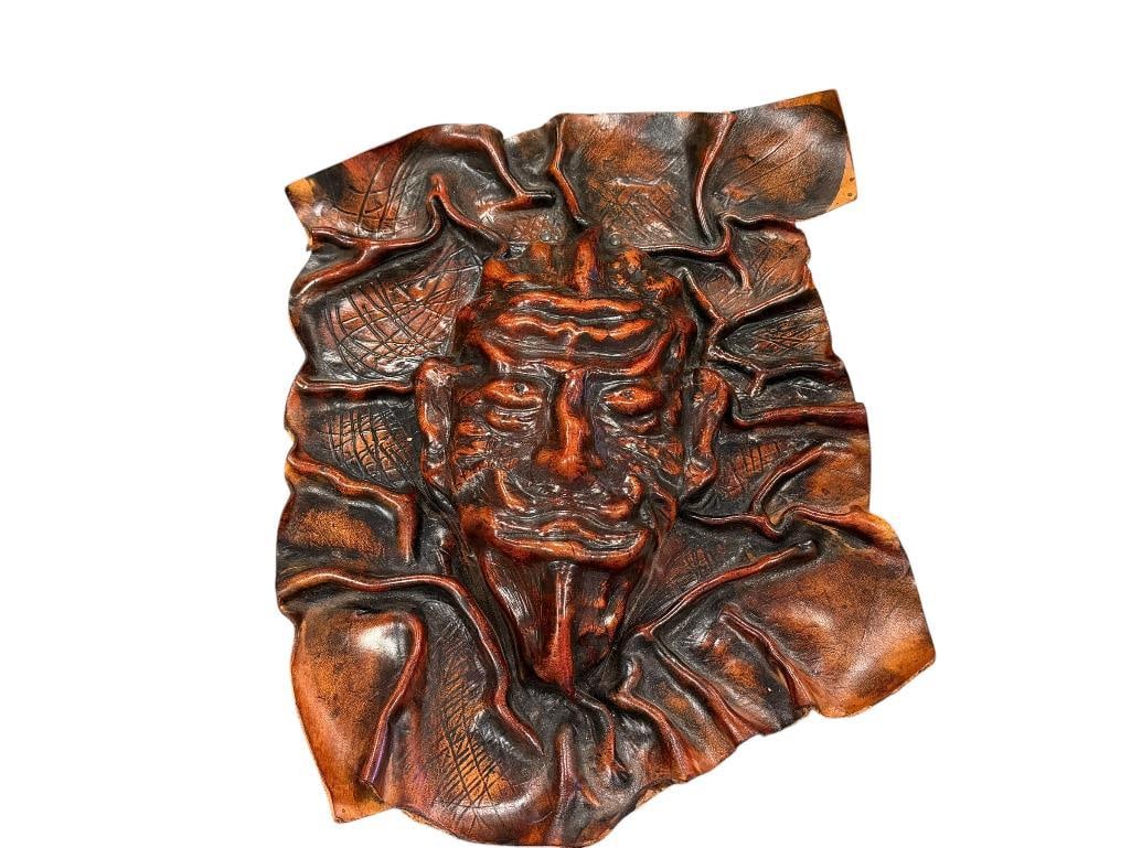 3D SCULPTED LEATHER WALL HANGING MASK OF A DEMON: LEATHER HANGER ON THE BACK 13" X 16" 