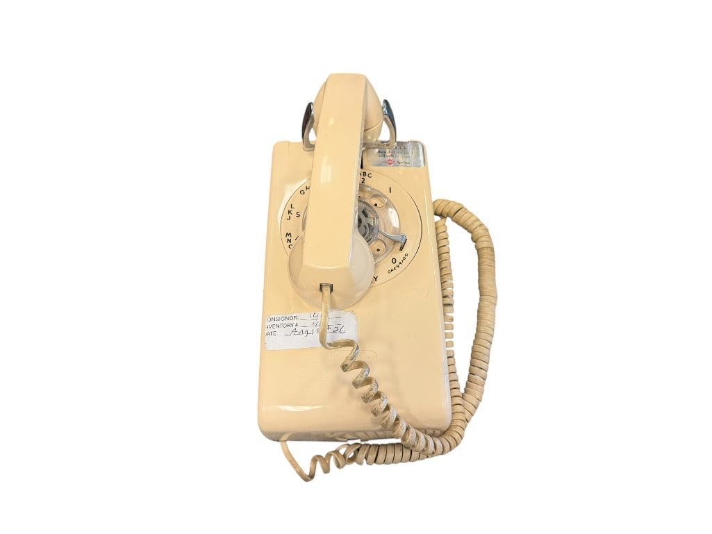 VINTAGE WESTERN ELECTRIC ROTARY DIAL WALL MOUNT TELEPHONE: BEIGE IN COLOR WITH HEADSET 9 1/2" X 5"