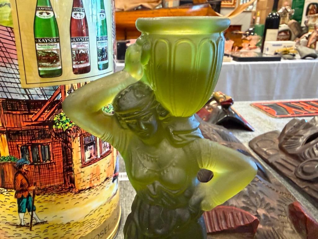 FOSTORIA REBECCA AT THE WELL OLIVE FROSTED GREEN GLASS CANDLESTICK HOLDERS - 12