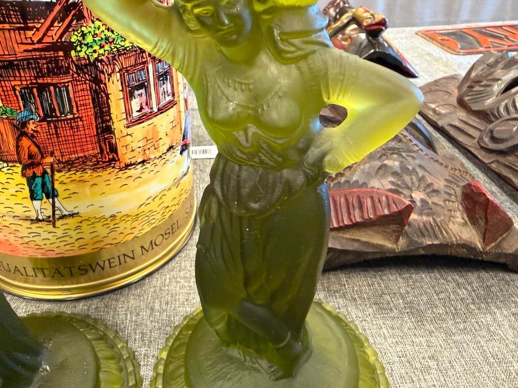 FOSTORIA REBECCA AT THE WELL OLIVE FROSTED GREEN GLASS CANDLESTICK HOLDERS - 13