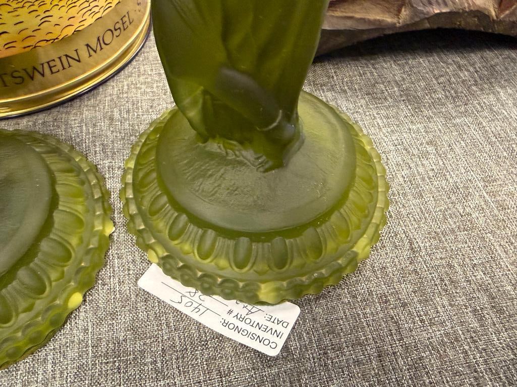 FOSTORIA REBECCA AT THE WELL OLIVE FROSTED GREEN GLASS CANDLESTICK HOLDERS - 14