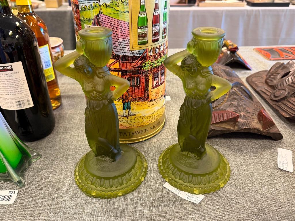 FOSTORIA REBECCA AT THE WELL OLIVE FROSTED GREEN GLASS CANDLESTICK HOLDERS - 2