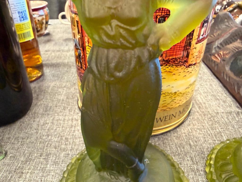 FOSTORIA REBECCA AT THE WELL OLIVE FROSTED GREEN GLASS CANDLESTICK HOLDERS - 6