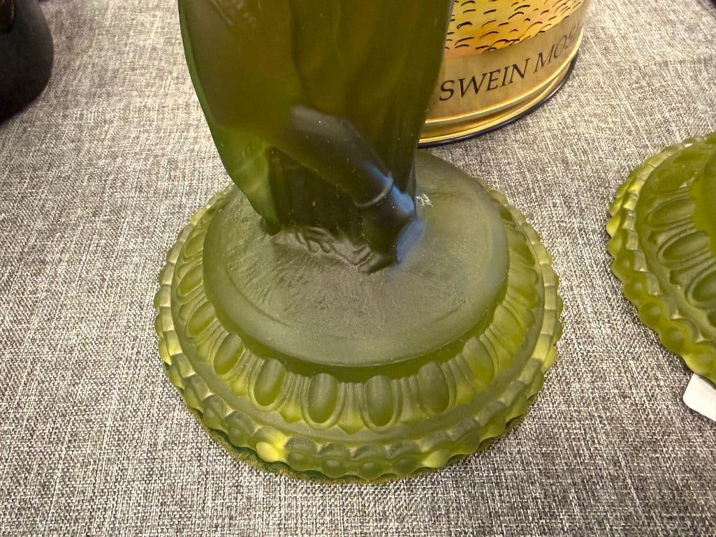 FOSTORIA REBECCA AT THE WELL OLIVE FROSTED GREEN GLASS CANDLESTICK HOLDERS - 7