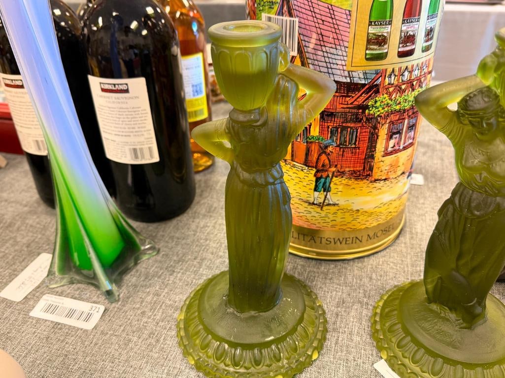 FOSTORIA REBECCA AT THE WELL OLIVE FROSTED GREEN GLASS CANDLESTICK HOLDERS - 8