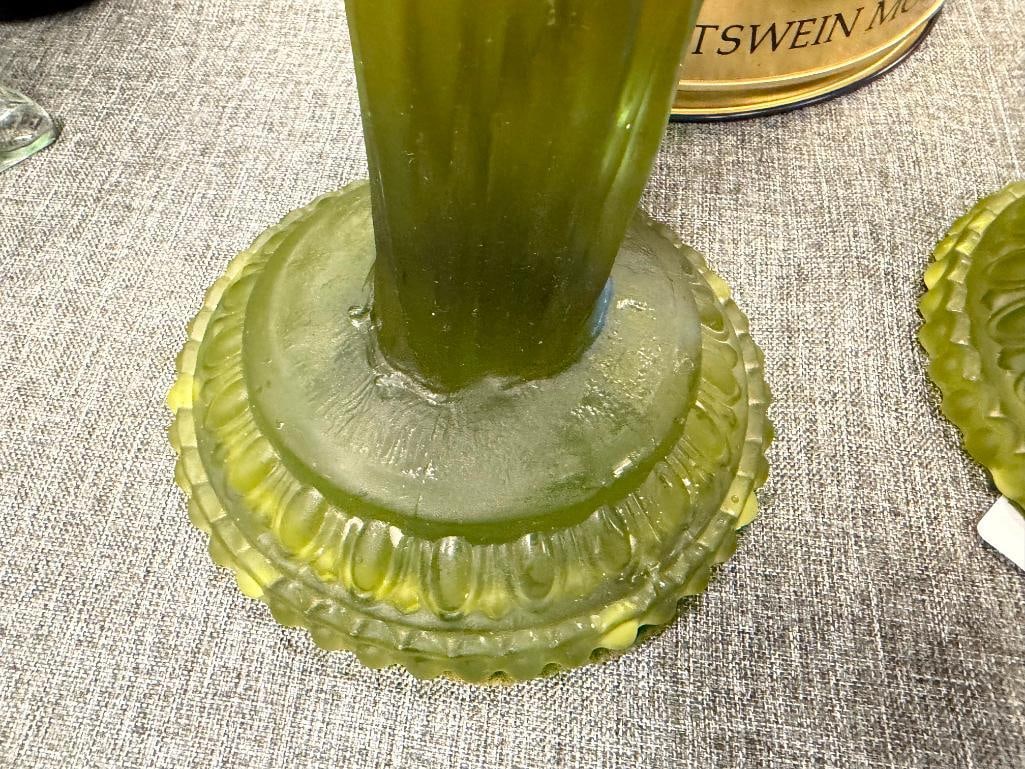 FOSTORIA REBECCA AT THE WELL OLIVE FROSTED GREEN GLASS CANDLESTICK HOLDERS - 9