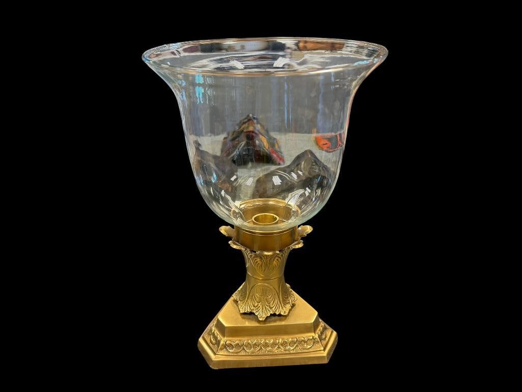 DECORATIVE GLASS HURRICANE CANLDE HOLDER WITH ORNATE BRASS BASE WITH LEAF DESIGN: NO CHIPS OR CRACKS TO GLASS 11" H