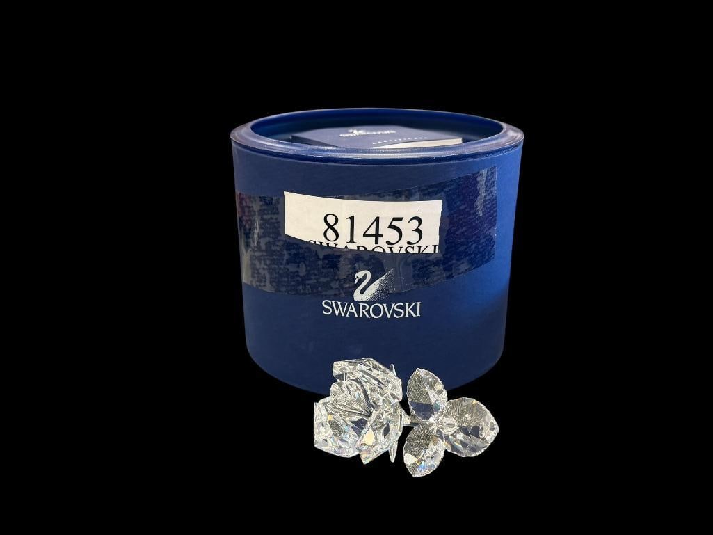 SWAROVSKI CRYSTAL THE ROSE THE SECRET GARDEN COLLECTION DESIGNED BY MICHAEL STAMEY NO. 7478NR0001: RELEASED IN 1993, RETIRED IN 2007, IN MINT CONDITION, INCLUDES CERTIFICATE BOOKLET AND ORIGINAL STORAGE TUBE, NO CHIPS OR REPAIRS 3 1/8" L