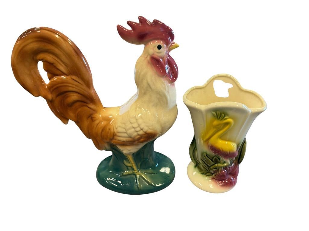 VINTAGE CERAMIC ROOSTER AND HULL POTTERY TROPICAL VASE MODEL 78: RAISED YELLOW AND PINK FLAMINGO MOTIF VASE WITH HIBISCUS FLOWER AT THE BASE, NO CHIPS OR REPAIRS ON EITHER PIECE 9" AND 14" H