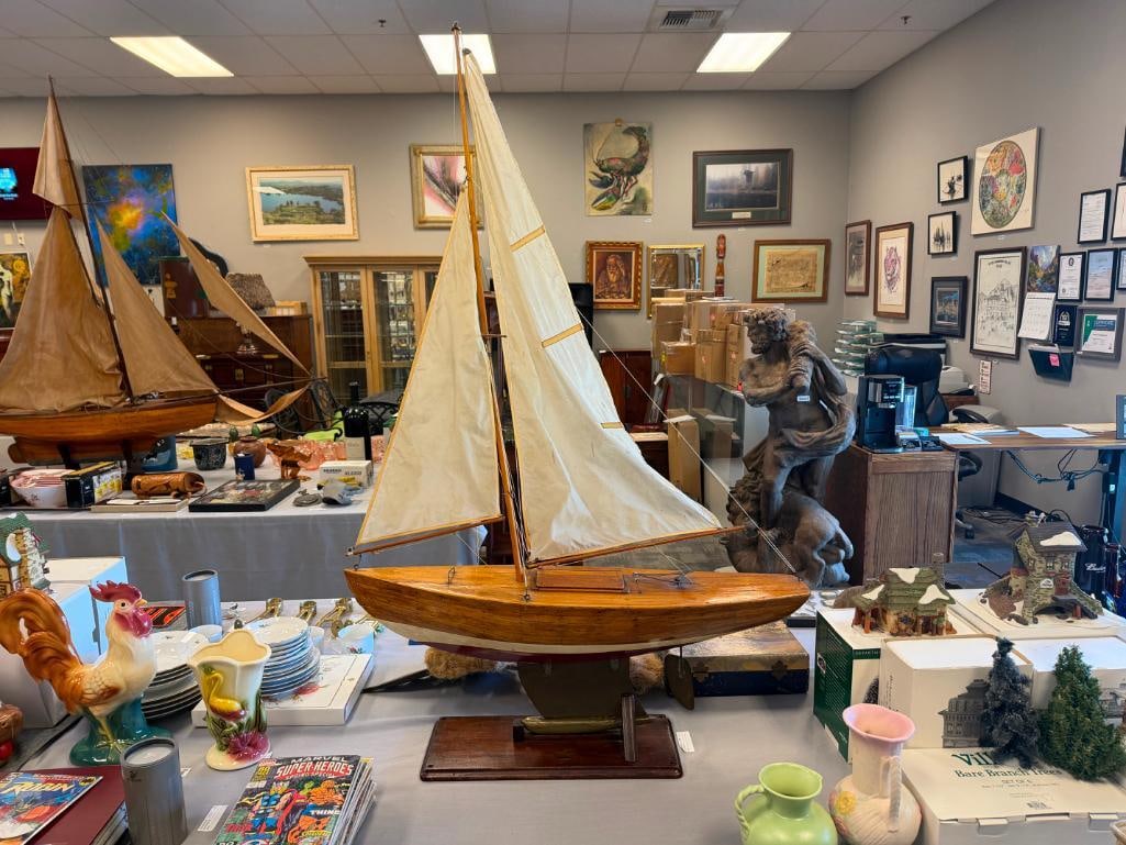 EARLY 1900S ENGLISH OAK POND BOAT / SAILBOAT WITH FULL RIGGING CLEAR COAT FINISH - 2