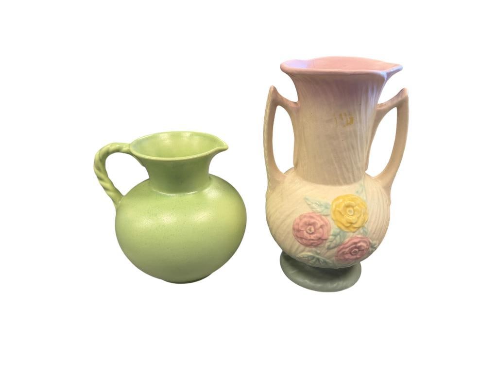 ROYAL HAEGER AND HULL VINTAGE / MID-CENTURY POTTERY PITCHER AND VASE: BULBOUS LIME GLAZED PITCHER WITH TWISTED HANDLE NO. RG-28 AND HULL POTTERY ART DECO STYLED VASE WITH FLORAL DESIGN AND STYLIZED HANDLES, NO. 119, BOTH ARE MARKED ON THE BOTTOM WITH NO CHIPS OR CRACKS
